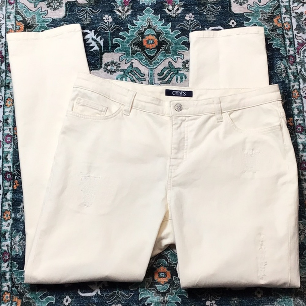 Chaps ‘Denim’ Cream Distressed Ankle Zip Front 5 Pocket Jeans Sz.14